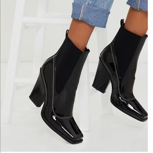 Black Patent PU Contrast Stitch Square Toe Heeled